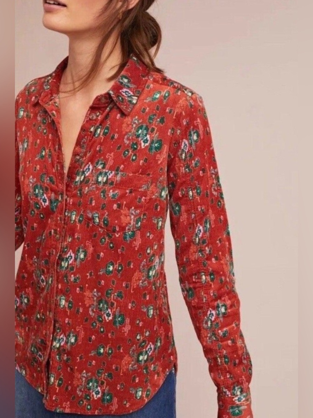 Anthropologie Building 18 corduroy floral rust orange blouse US 2 small cotton - Picture 10 of 10
